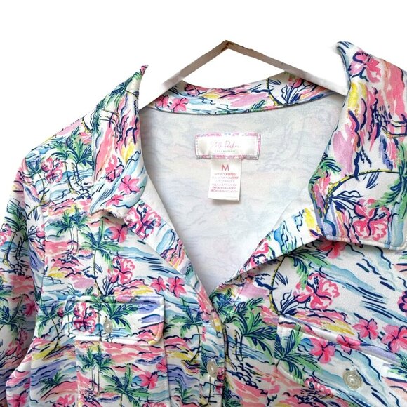 STELLA PARKER Polo Top Medium Pink Palms Print Short Sleeve Stretch Jersey Golf - Picture 5 of 9